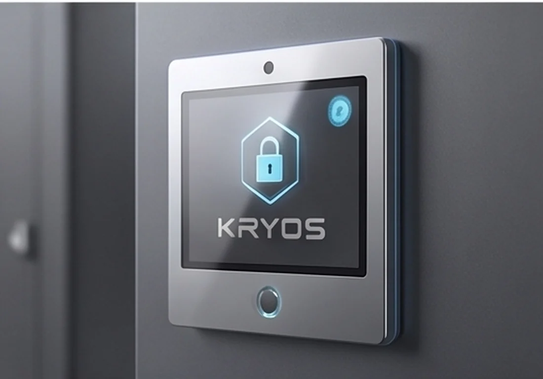 Kryos-branded wall reader with illuminated status indicator at a secured door