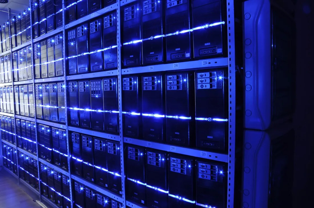 Illuminated server infrastructure representing the network layer behind access control